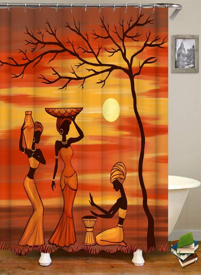 RnnJoile African Woman Shower Curtain Set Traditional African Girls Labouring Under Sunset Tree Curtain African Custom Fabric Bathroom Decor with Hooks 72"X72" Inches Yellow Burnt Orange - Image 3