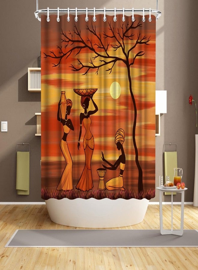 RnnJoile African Woman Shower Curtain Set Traditional African Girls Labouring Under Sunset Tree Curtain African Custom Fabric Bathroom Decor with Hooks 72"X72" Inches Yellow Burnt Orange - Image 4