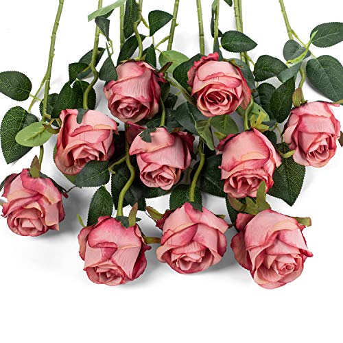 Flojery 10pcs Artificial Rose Flowers Long Stem Fake Silk Roses for DIY Wedding Bouquet Table Centerpiece Home Decor (Rose Red) - Image 1