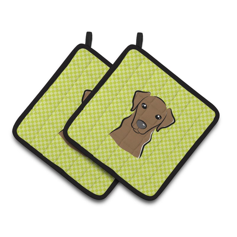 Caroline's Treasures ""Caroline's Treasures Checkerboard Lime green Chocolate Labrador Pair of Pot Holders BB1296PTHD  7.5HX7.5W  Multicolor"" 
