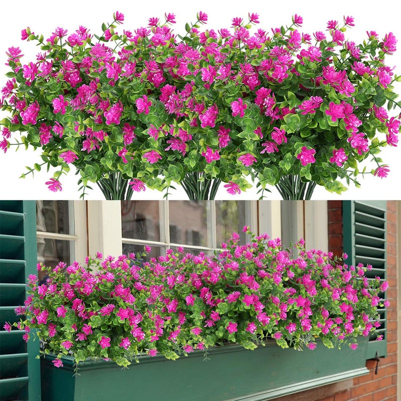 HAPLIA 6 Bundles Artificial Flowers Fake Artificial Greenery UV Resistant No Fade Faux Plastic Plants for Wedding Bridle Bouquet Indoor Outdoor Home Garden Kitchen Office Table Vase Fuchsia