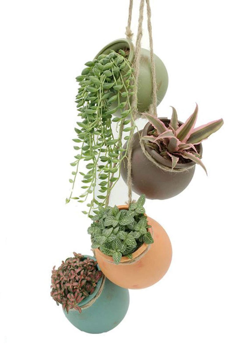 Yesland Ceramic Hanging Mini Flower Planters Wall or Ceiling Mount Dangling Container in Earth Tone Colored for Indoor Outdoor Decor Set of 4 - Image 2