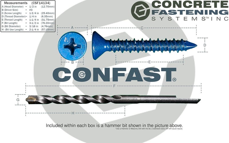 CONFAST 1/4" x 1-3/4" Blue Flat Phillips Concrete Screw Anchor with Drill Bit for Anchoring to Masonry, Block or Brick (100 per Box) - Image 5