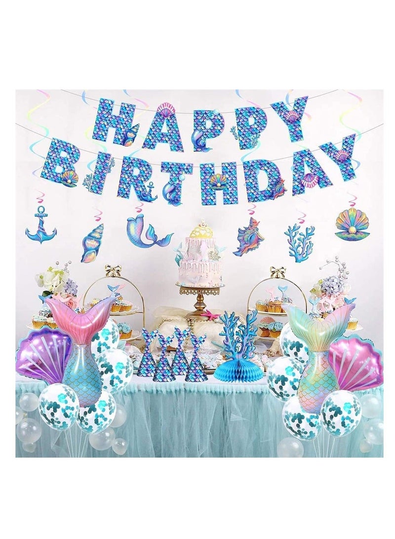 Y&D Mermaid Birthday Party Decorations Set, Supplies, Banner, Tail Hats Balloons With Hanging Swirls for Children and Adult - Image 2