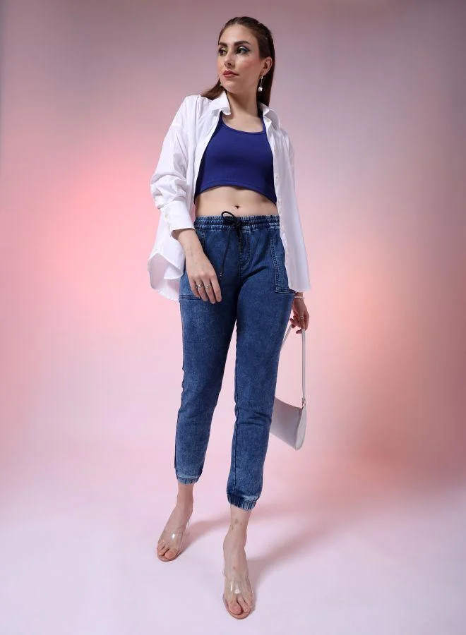 Women Regular Fit Solid Mid-Rise Denim Cargo Joggers