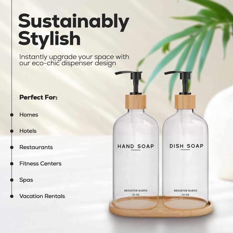 Brighter Barns Clear Glass Hand and Dish Soap Dispenser Set by Brighter Barns - Kitchen Soap Dispenser Set with Bamboo Tray - Modern Kitchen Decor, Minimalist Decor (Clear) - Image 2