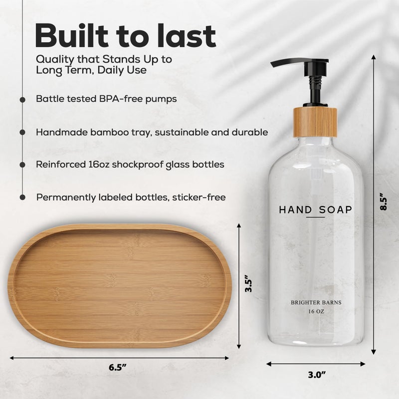 Brighter Barns Clear Glass Hand and Dish Soap Dispenser Set by Brighter Barns - Kitchen Soap Dispenser Set with Bamboo Tray - Modern Kitchen Decor, Minimalist Decor (Clear) - Image 3