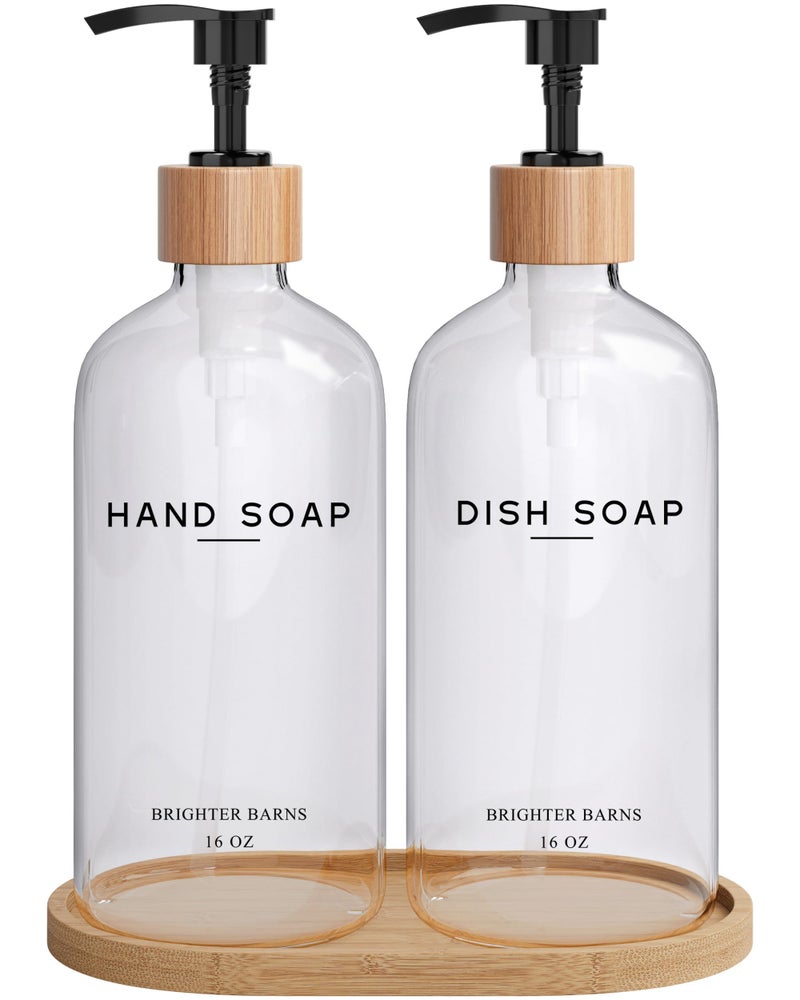 Brighter Barns Clear Glass Hand and Dish Soap Dispenser Set by Brighter Barns - Kitchen Soap Dispenser Set with Bamboo Tray - Modern Kitchen Decor, Minimalist Decor (Clear) - Image 1