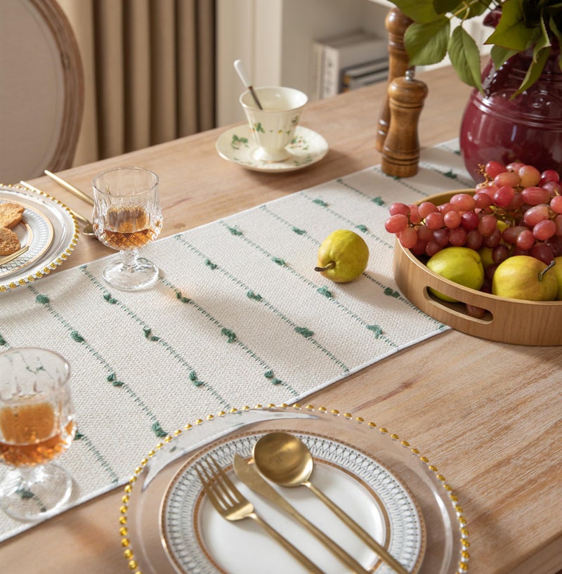 Caflife Boho Table Runner 72 Inchs Long for Modern Farmhouse Room Home Decor, Green and Beige Coffee Table Runner, Natural Cotton Woven with Tassels Neutral, for Kitchen Dining Table Decor - Image 2