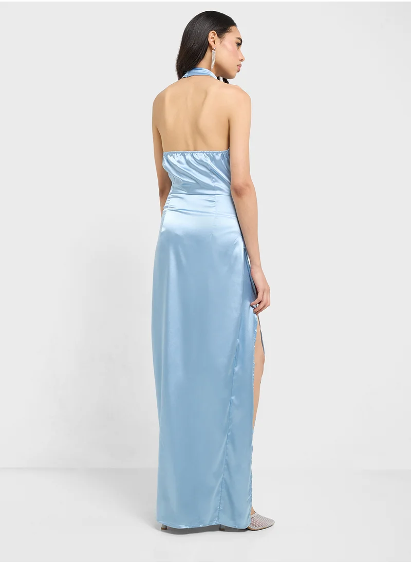 جينجر Satin Halter Slit Dress