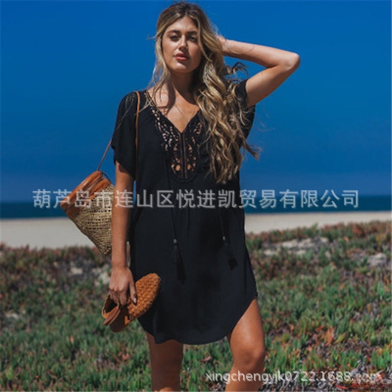 Cross-border parquet beach skirt holiday skirt bikini blouse seaside sun protection shirt women's skirt black XXL - Image 1