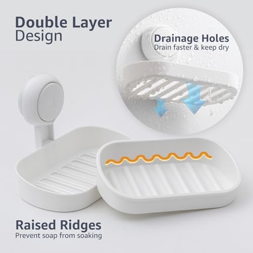 LEVERLOC Soap Dish Holder for Shower Suction Cup Wall Mounted Self Draining NO-Drilling Removable Bar Soap Sponge Holder for Bathroom Bathtub Kitchen Sink Waterproof Strong Vacuum Suction Adhesion - Image 3