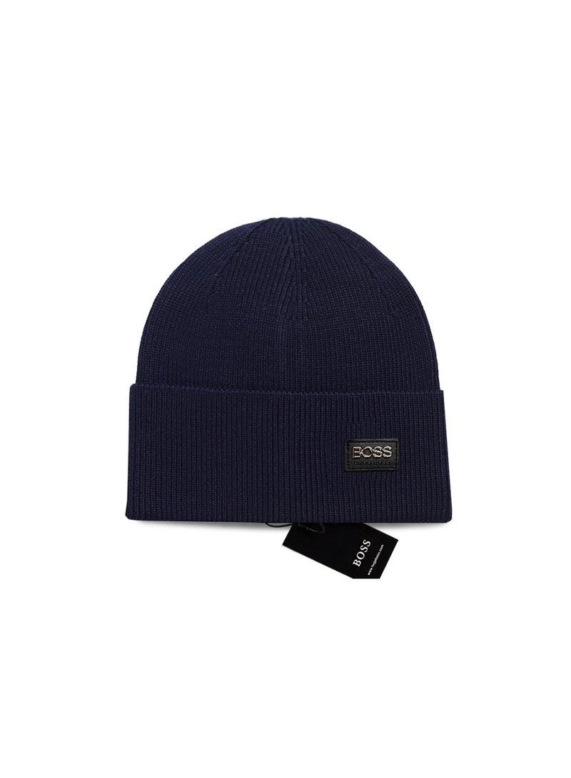 BOSS Navy Blue Knit Beanie with Embroidered Leather Brand Patch