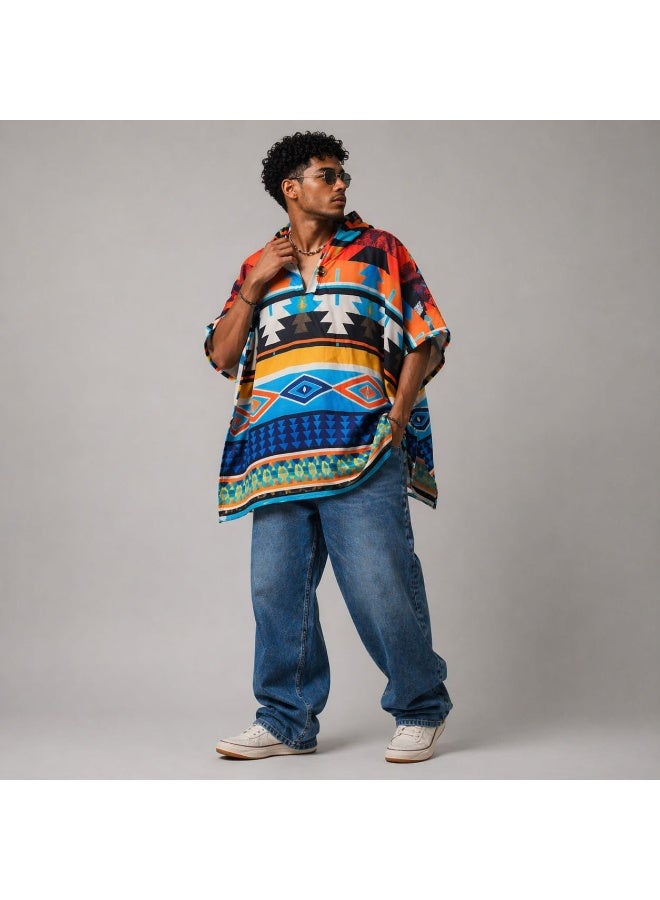 ropamexicoaz Unisex Hooded poncho with Geometric Mexican-Inspired patterns Oversized Fit - Image 1