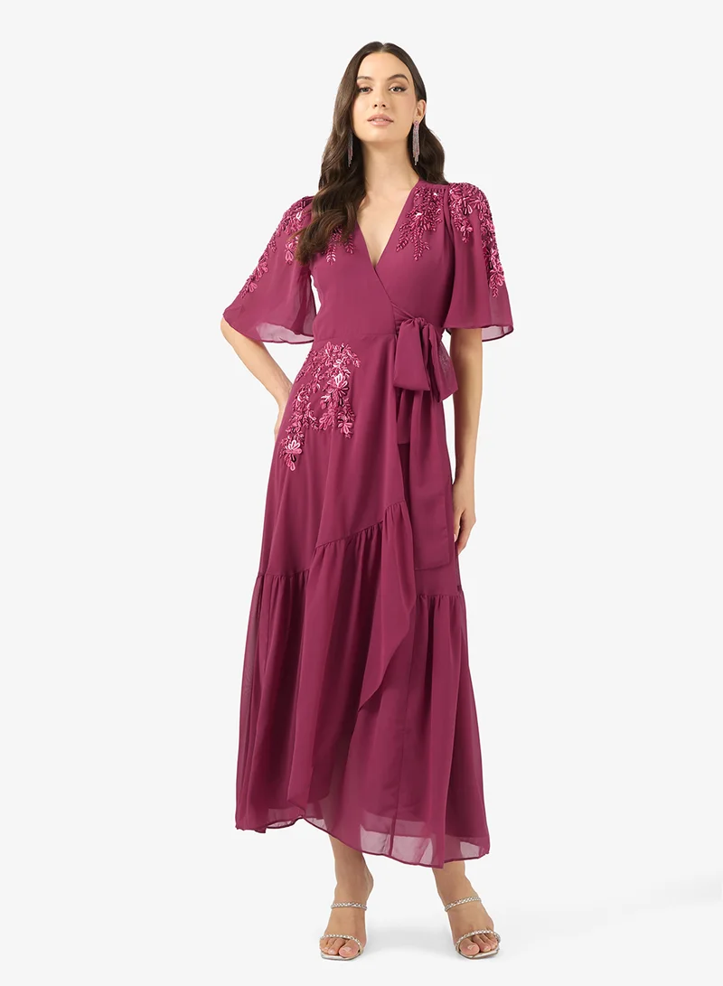 Embellished Flutter Sleeve  Wrap   Tie Waist Maxi Dress