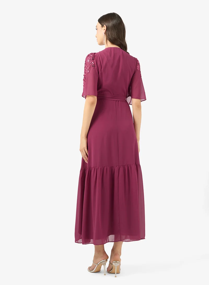 Hope & Ivy Embellished Flutter Sleeve  Wrap   Tie Waist Maxi Dress