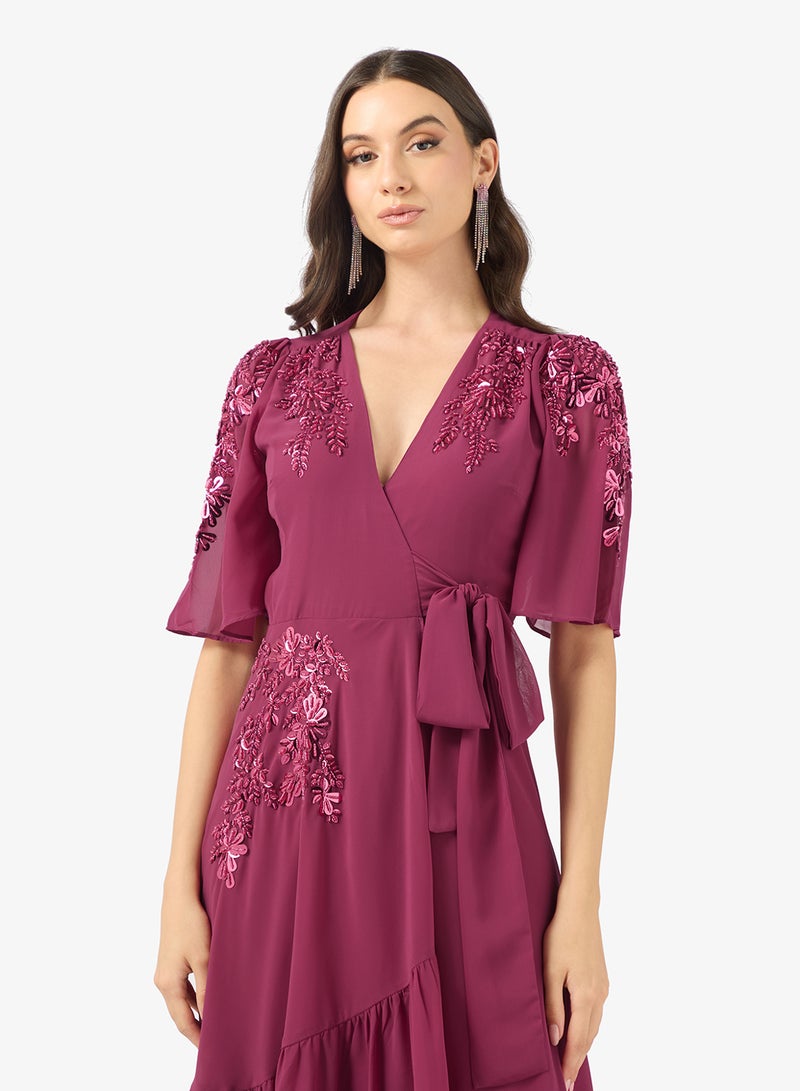 Hope & Ivy Embellished Flutter Sleeve  Wrap   Tie Waist Maxi Dress - Image 3
