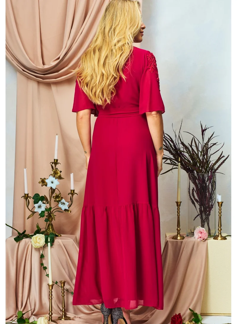 Hope & Ivy Embellished Flutter Sleeve  Wrap   Tie Waist Maxi Dress