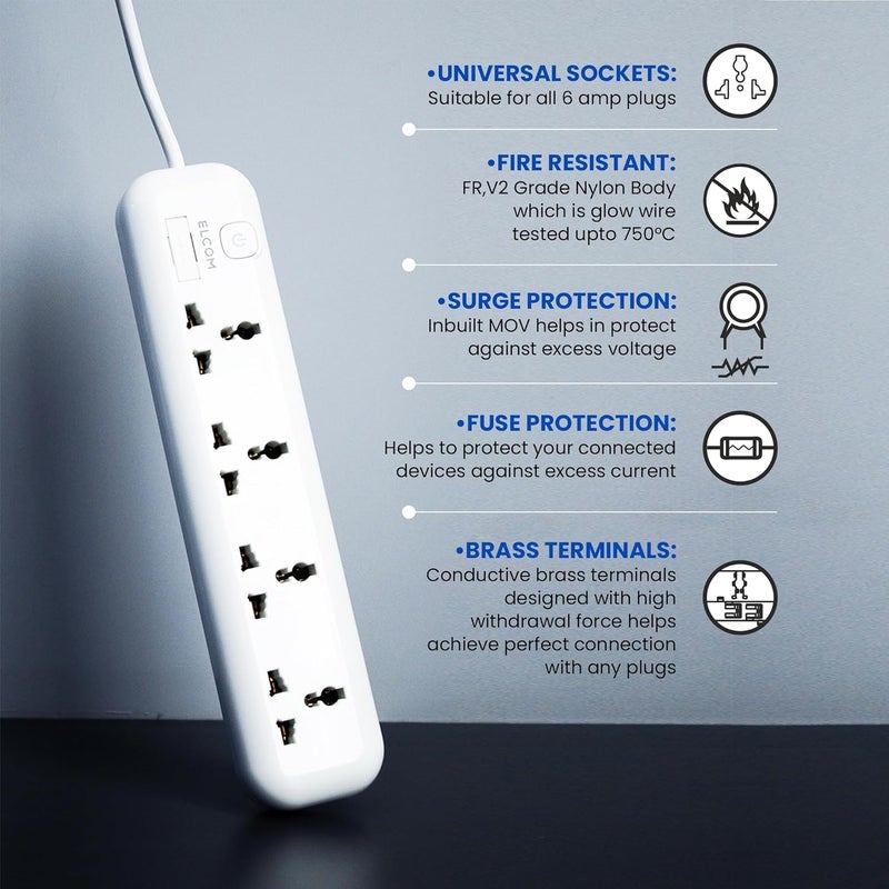 Elcom Elcom Universal Power Strip 4 Sockets with Illuminated Switch White Color 250V Fuse Surge Protector Fire Resistant 18m Wire Extension Box for Home appliances with 2 Year Warranty  - Image 4