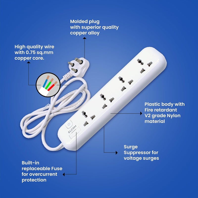Elcom Elcom Universal Power Strip 4 Sockets with Illuminated Switch White Color 250V Fuse Surge Protector Fire Resistant 18m Wire Extension Box for Home appliances with 2 Year Warranty  - Image 5