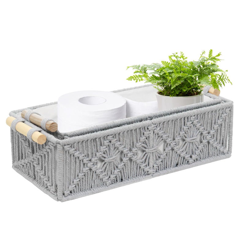 BASVII Set of 2 Braided Storage Baskets, Boho Decorative Basket Braided with Handles, Handmade Macrame Basket Made of Cotton Rope, Small Basket for Decoration, Gift Basket, Bread Basket (Grey) - Image 1