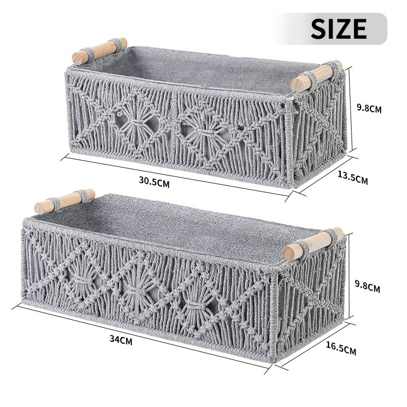 BASVII Set of 2 Braided Storage Baskets, Boho Decorative Basket Braided with Handles, Handmade Macrame Basket Made of Cotton Rope, Small Basket for Decoration, Gift Basket, Bread Basket (Grey) - Image 2