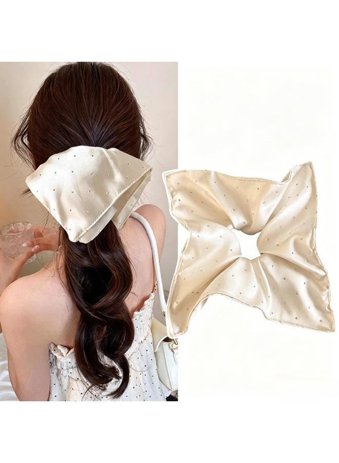 French Beige Rhinestone Star Square Scarf Style Satin Scrunchies (2 Pack) - Image 2