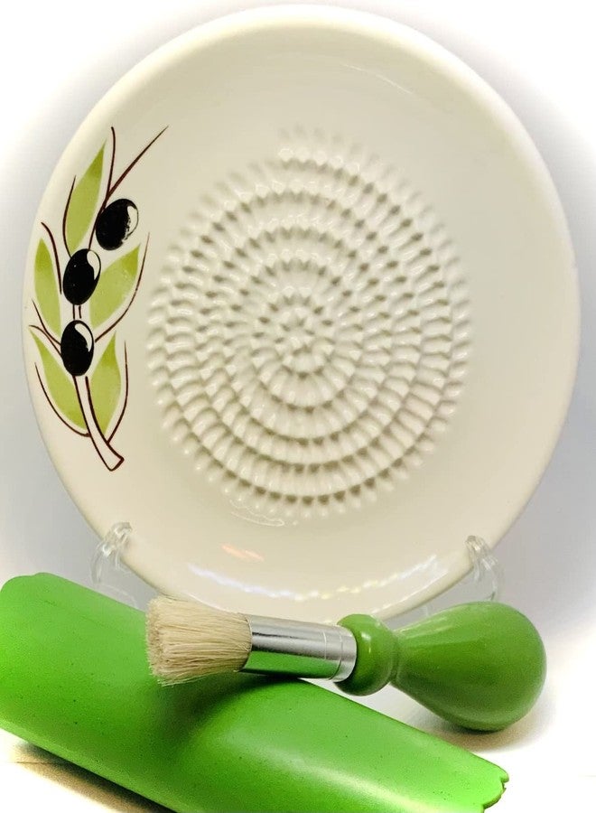 BonCera, All-in-one Premium Ceramic Garlic Grater Plate 4-Piece Set - White Olive Design, Classic Style - For Garlic, Ginger, Chocolate, and more! - Comes with 5.25" Plate, Peeler, Brush, and Stand - Image 1
