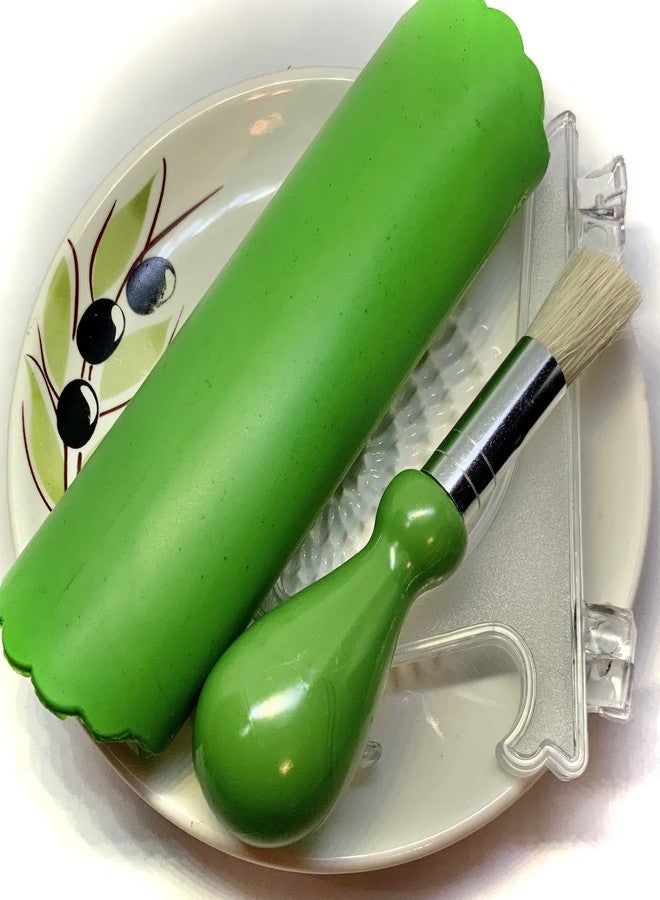 BonCera, All-in-one Premium Ceramic Garlic Grater Plate 4-Piece Set - White Olive Design, Classic Style - For Garlic, Ginger, Chocolate, and more! - Comes with 5.25" Plate, Peeler, Brush, and Stand - Image 4