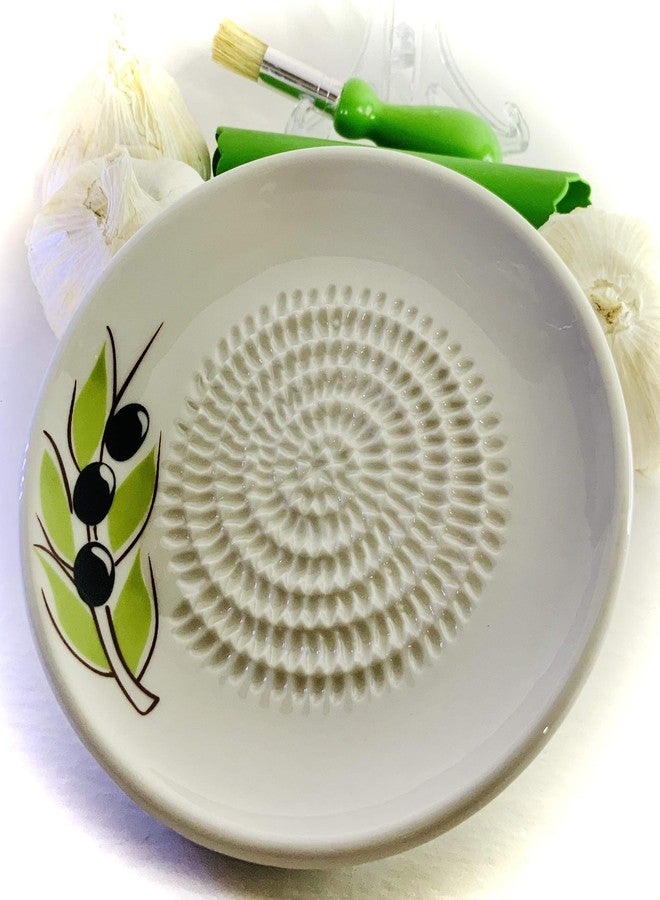 BonCera, All-in-one Premium Ceramic Garlic Grater Plate 4-Piece Set - White Olive Design, Classic Style - For Garlic, Ginger, Chocolate, and more! - Comes with 5.25" Plate, Peeler, Brush, and Stand - Image 3