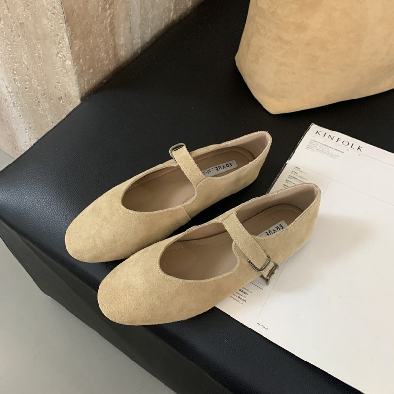 French Style Shoes for Women 2024 New Style Soft Flats Bottom Frosted Cowhide Retro Literary Fairy Style One-Word Buckle Mary Jane Khaki color