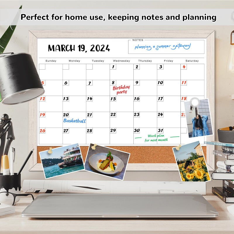 ABERLLS Monthly Whiteboard Calendar & Corkboard for Wall, Magnetic 17"x13" Dry Erase Board with White Wood Framed, 2in1 White Board Cork Board Combo, Calendar Bulletin Board for Kitchen Planner Memo Office - Image 4