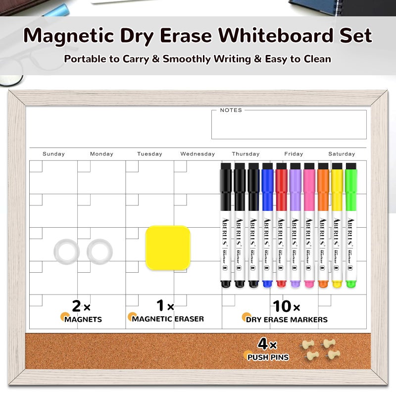 ABERLLS Monthly Whiteboard Calendar & Corkboard for Wall, Magnetic 17"x13" Dry Erase Board with White Wood Framed, 2in1 White Board Cork Board Combo, Calendar Bulletin Board for Kitchen Planner Memo Office - Image 2