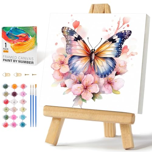 Offito Framed Paint by Numbers Kit for Adults Beginners Kids Ages 812 Butterfly Flowers Acrylic Easy Paint by Number with Frame Paint by Number Kits on Canvas Framed 10 10 Inch without Easel - Image 1