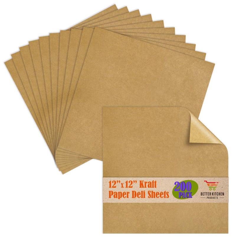 Better Kitchen Products منتجات مطبخ أفضل ورق كرافت ورق دلي، 12" × 12"، أوراق بطانة سلة الطعام المقاومة للدهون، أغلفة ساندويتش مقطعة مسبقًا، حصائر طعام مقاومة للدهون بشكل طبيعي، (200) - Image 1