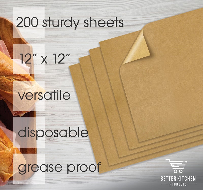 Better Kitchen Products منتجات مطبخ أفضل ورق كرافت ورق دلي، 12" × 12"، أوراق بطانة سلة الطعام المقاومة للدهون، أغلفة ساندويتش مقطعة مسبقًا، حصائر طعام مقاومة للدهون بشكل طبيعي، (200) - Image 2