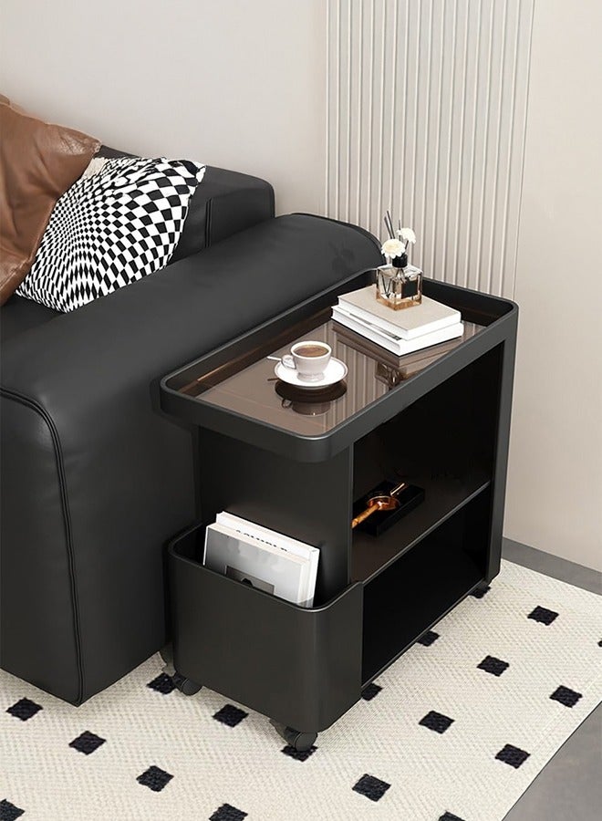 XiuWoo Mobile End Table on Lockable Wheels,Nightstand Narrow Coffee Table with 5mm Thick Fluted Tempered Glass,Snack Cart Storage Rack Creative Sofa Side Table, Bedside Utility Cart,Iron Side Cabinet for Living Room,Black - Image 1