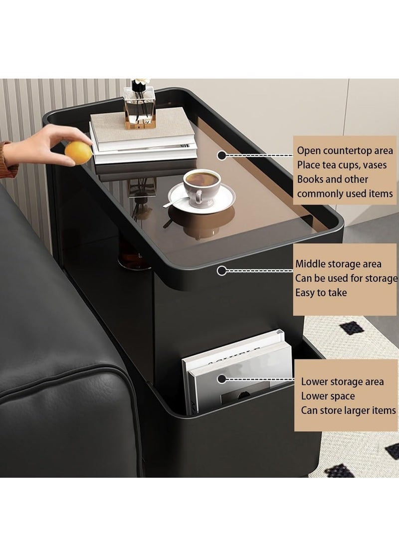 XiuWoo Mobile End Table on Lockable Wheels,Nightstand Narrow Coffee Table with 5mm Thick Fluted Tempered Glass,Snack Cart Storage Rack Creative Sofa Side Table, Bedside Utility Cart,Iron Side Cabinet for Living Room,Black - Image 2