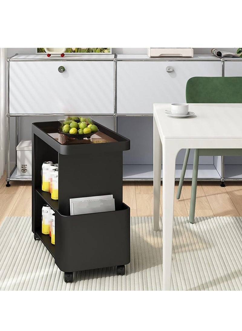 XiuWoo Mobile End Table on Lockable Wheels,Nightstand Narrow Coffee Table with 5mm Thick Fluted Tempered Glass,Snack Cart Storage Rack Creative Sofa Side Table, Bedside Utility Cart,Iron Side Cabinet for Living Room,Black - Image 5