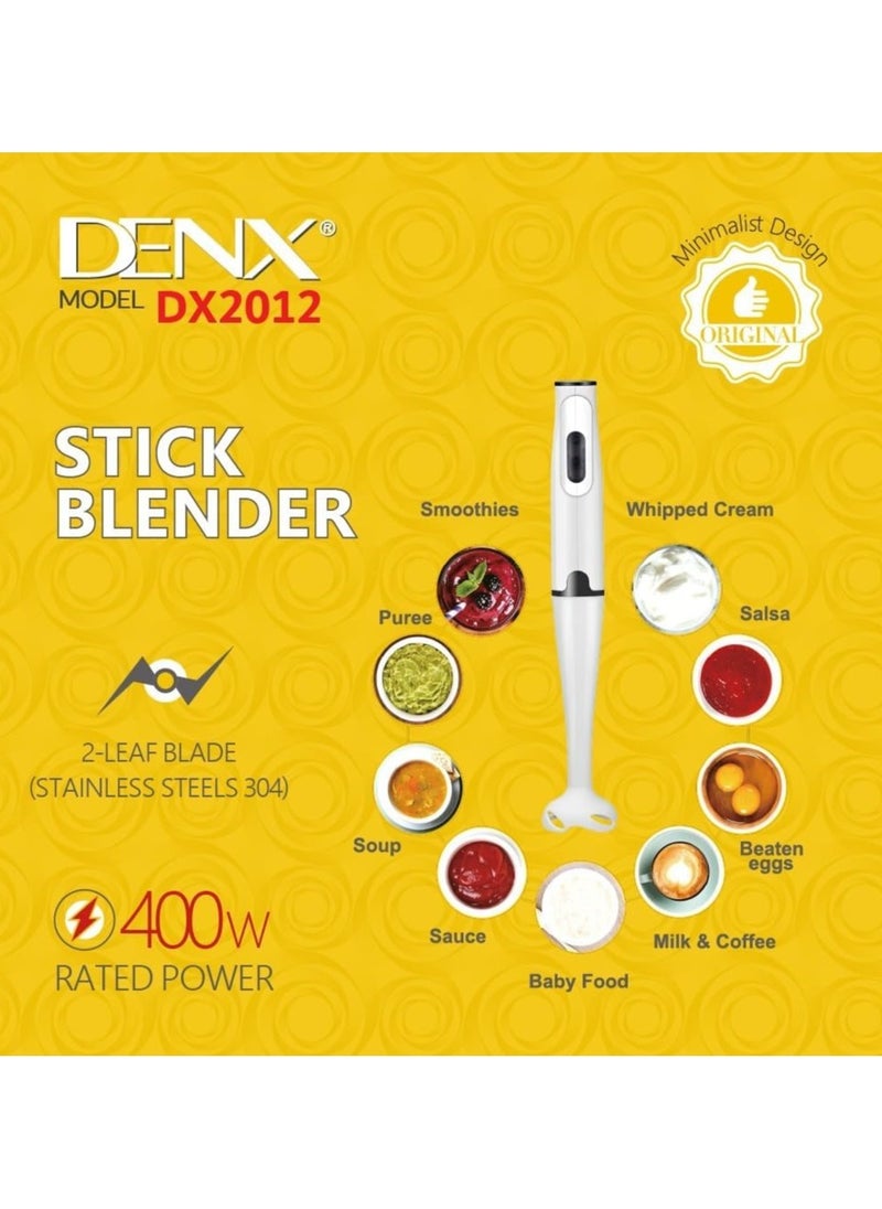 DENX Stick Blender 400W Handheld Electric Blender with Stainless Steel Blades, Portable Grip Stick Mixer Use for Blending, Pureeing, Whipping, and Mixing Soups, Smoothies, Sauces, and More, DX2012