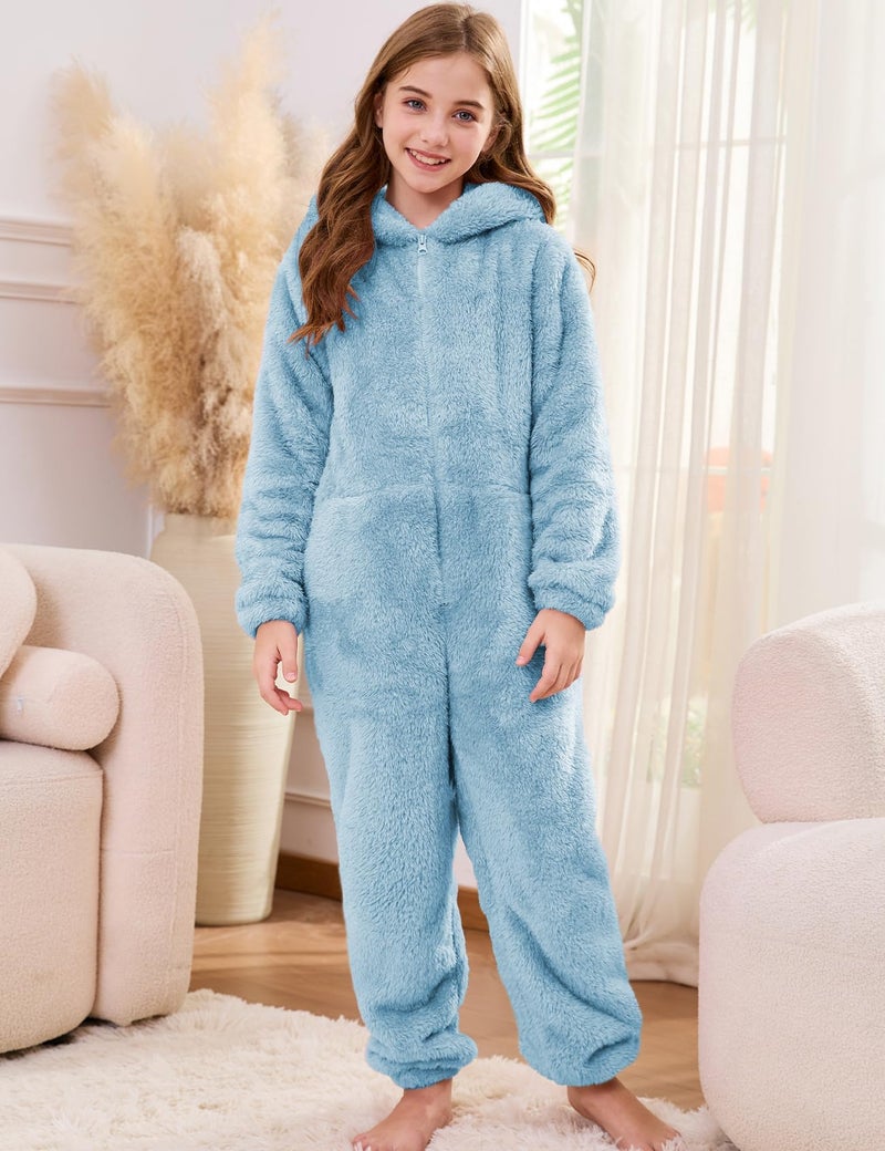 Flygo Girls Fleece Jumpsuits Fuzzy Hooded Rompers Kids Zip up Onesie Romper Costume Warm Winter Clothes 5-14 Years(Blue-S) - Image 2