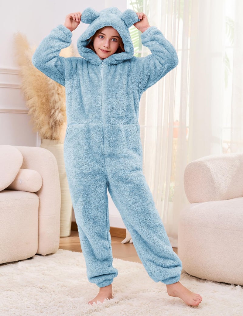 Flygo Girls Fleece Jumpsuits Fuzzy Hooded Rompers Kids Zip up Onesie Romper Costume Warm Winter Clothes 5-14 Years(Blue-S) - Image 5