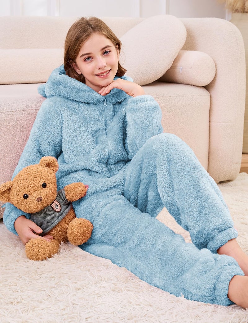 Flygo Girls Fleece Jumpsuits Fuzzy Hooded Rompers Kids Zip up Onesie Romper Costume Warm Winter Clothes 5-14 Years(Blue-S) - Image 4