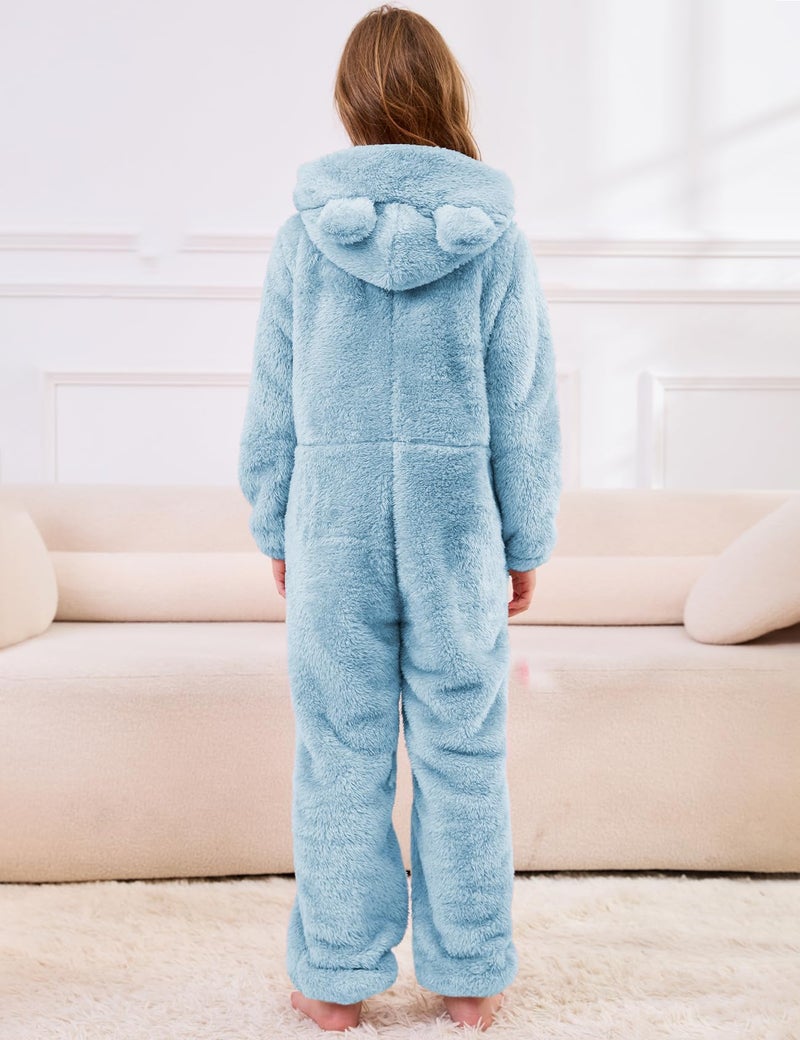 Flygo Girls Fleece Jumpsuits Fuzzy Hooded Rompers Kids Zip up Onesie Romper Costume Warm Winter Clothes 5-14 Years(Blue-S) - Image 3