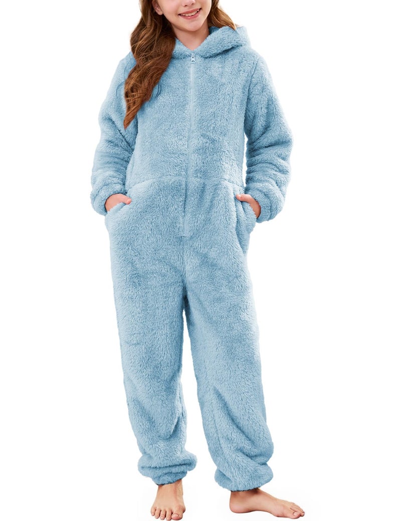 Flygo Girls Fleece Jumpsuits Fuzzy Hooded Rompers Kids Zip up Onesie Romper Costume Warm Winter Clothes 5-14 Years(Blue-S) - Image 1