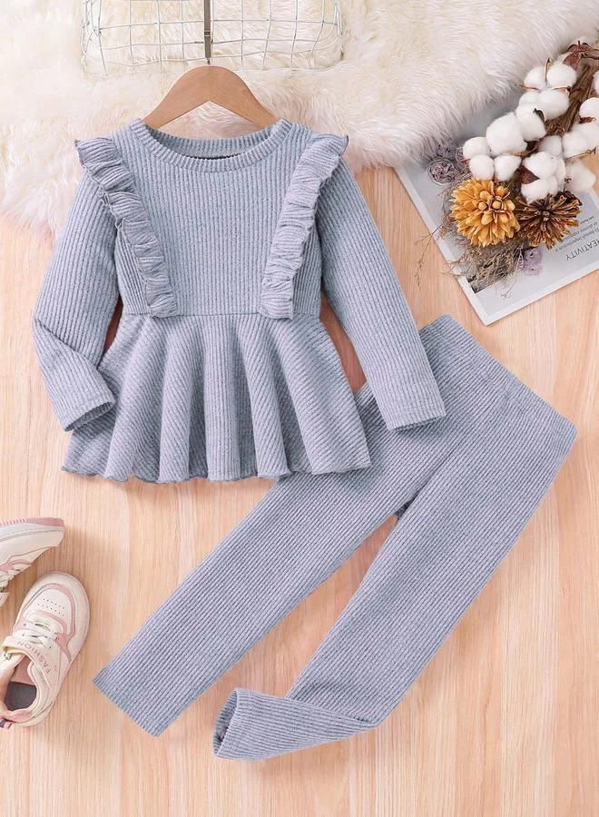 Take Two Take Two Girls Grey Flounce Hem Knit Top and Leggings Set