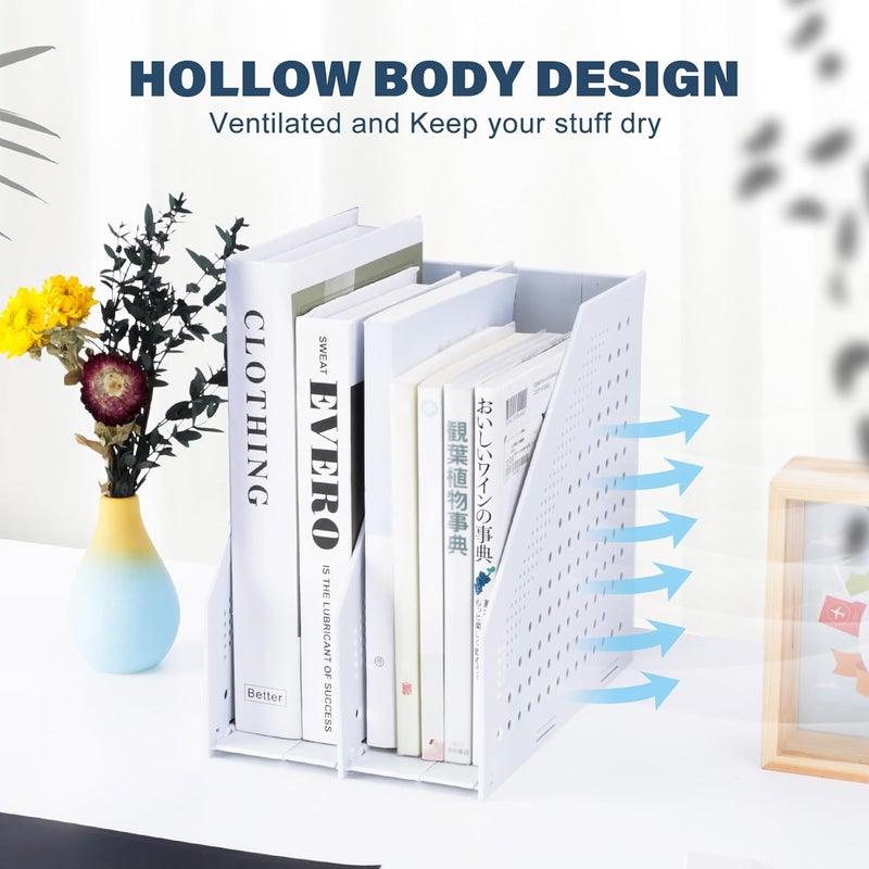 FRETONBA Collapsible Magazine File Holder with 2 Vertical Compartments Foldable Binder Holder for Desk Binder Storage Organizer Plastic Magazine Holders for Shelf, Light Gray - Image 3