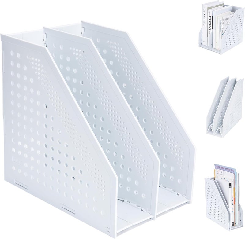 FRETONBA Collapsible Magazine File Holder with 2 Vertical Compartments Foldable Binder Holder for Desk Binder Storage Organizer Plastic Magazine Holders for Shelf, Light Gray - Image 1