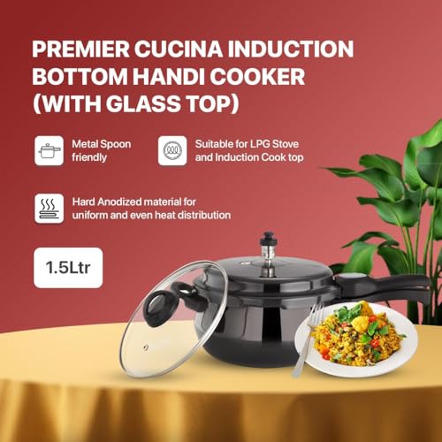Premier Cucina Trendy Black Hard Anodized Induction Bottom Handi Pressure Cooker 1.5 Liter With Glass Lid – Durable And Versatile Cooker For Even Cooking, Induction-compatible - Image 2