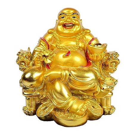 HC VILLA Feng Shui Laughing Buddha Happy Man for Happiness and Money Wealth Sitting on Chair, Golden - Image 1